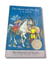 Load image into Gallery viewer, Book cover of 'The Horse and His Boy' by C. S. Lewis with illustrations of a horse and characters on a blue background.