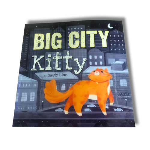 Book titled 'Big City Kitty' with an orange cat on a cityscape background