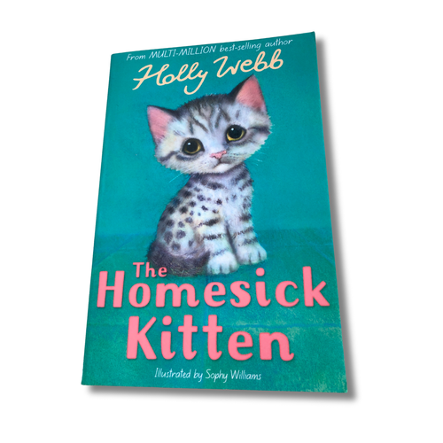 Book cover of 'The Homesick Kitten' with a cat illustration on a teal background