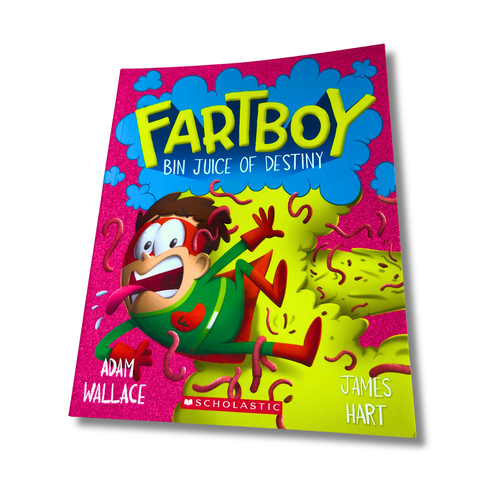 Book cover of 'Fartboy: Bin Juice of Destiny' with colorful design and character illustration.