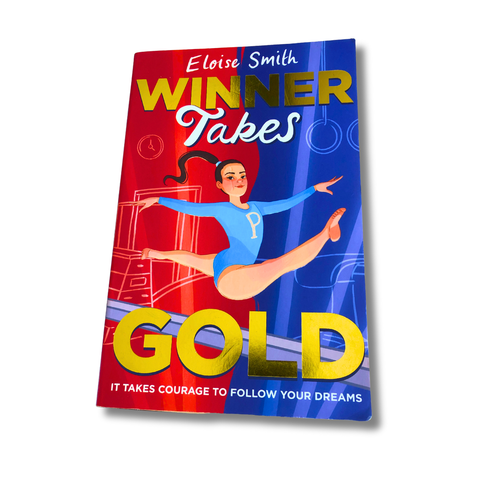 Book cover of 'Winner Takes Gold' by Eloise Smith with a gymnast illustration on a red and blue background.