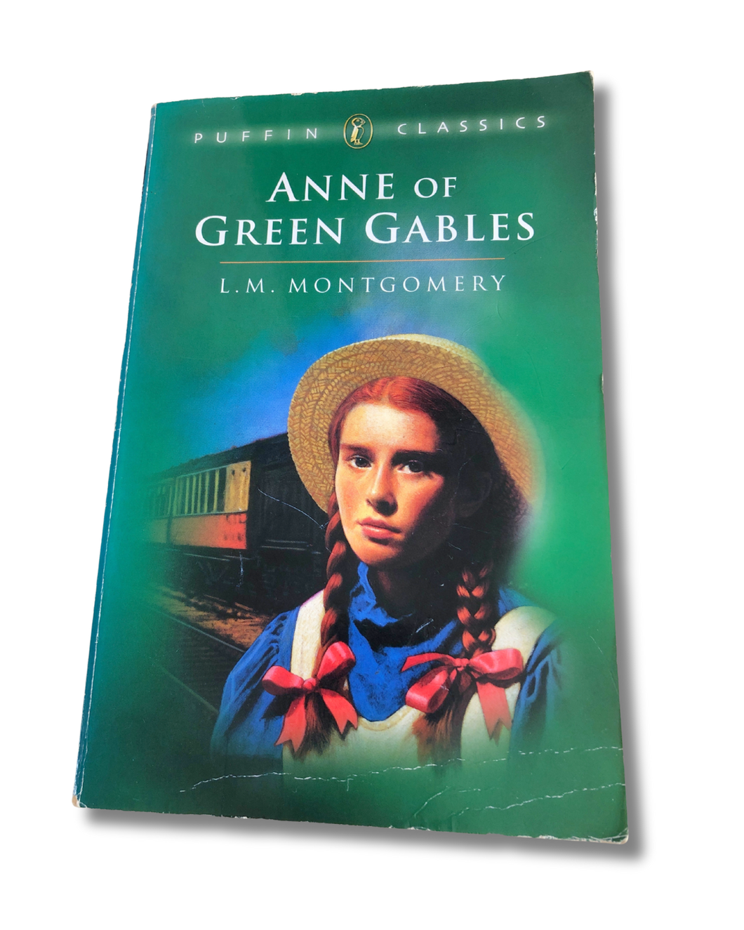 Book cover of 'Anne of Green Gables' by L.M. Montgomery with a green background and a young girl's portrait.