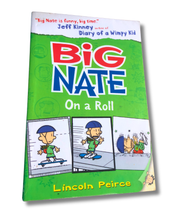 Load image into Gallery viewer, Book cover of &#39;Big Nate On a Roll&#39; by Lincoln Peirce with green background and cartoon illustrations.