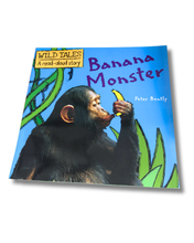 Load image into Gallery viewer, Book cover of 'Banana Monster' featuring a monkey holding a banana against a blue sky. Available to purchase in New Zealand