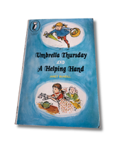 Load image into Gallery viewer, Book cover of 'Umbrella Thursday and A Helping Hand' by Janet McNeill with illustrations on a blue background. Available to purchase in New Zealand