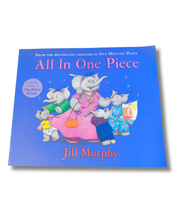 Load image into Gallery viewer, Book titled 'All In One Piece' by Jill Murphy with cartoon characters on a blue background. Available to purchase in New Zealand. 