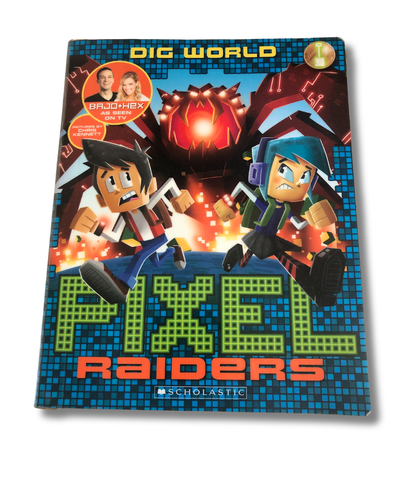 Book cover of 'Pixel Raiders' by Scholastic with pixelated graphics and characters.