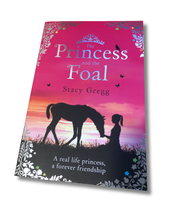 Load image into Gallery viewer, Book cover of 'The Princess and the Foal' by Stacy Gregg with a pink and purple gradient background. Available to purchase in New Zealand