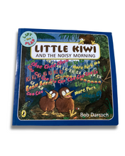 Load image into Gallery viewer, The children's book 'Little Kiwi and the Noisy Morning' by Bob Darroch, featuring a bright blue border and an illustration of two kiwi birds in a jungle with colorful text overlays. Available to purchase in New Zealand 