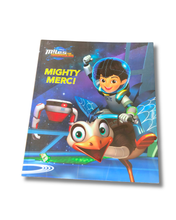 Load image into Gallery viewer, Book cover featuring a character and robot with 'Mighty Merc!' text on a colorful background. Miles From Tomorrowland. Available to purchase in New Zealand