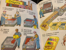Load image into Gallery viewer, Illustrated page from a book showing the manufacturing process of crayons with step-by-step instructions and diagrams.