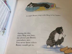 Illustrated book page with a cat and a rabbit, featuring text about their adventures.