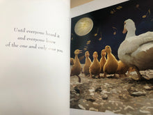 Load image into Gallery viewer, Illustration of a mother duck with her ducklings under a moonlit sky, with text on the left side.