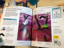 Load image into Gallery viewer, Open book with illustrations and text on building a game called 'Doom on the Broom'.