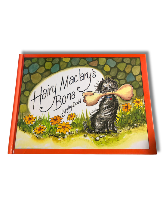Book cover of 'Hairy Maclary's Bone' with a dog holding a bone and flowers in the background.