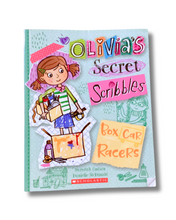 Load image into Gallery viewer, Olivia's Secret Scribbles Box/Car Racers hardcover book by Meredith Gurnee and Danielle McDonald, published by Scholastic. The book cover features a light blue textured background with colorful retro-style title text and a cartoon illustration of a girl with brown pigtails holding a box and paintbrushes. available to purchase in New Zealand