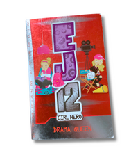 Load image into Gallery viewer, A book titled 'EJ 12 Girl Hero: Drama Queen' with a vibrant red cover, featuring cartoon illustrations of a girl acting as a director. Available to purchase in New Zealand 