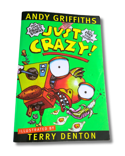 Book cover of 'Just Crazy!' by Andy Griffiths with a colorful illustration on a green background.