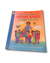 Load image into Gallery viewer, Book titled 'Let's Talk About Where Babies Come From' with colorful cover and illustration of children and a pregnant woman. Available to purchase in New Zealand
