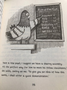 Cartoon of a bird pointing at a blackboard with text on a book page.