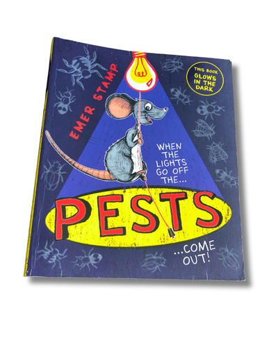 Book cover of Pests by Emer Stamp with a mouse illustration and dark blue background.