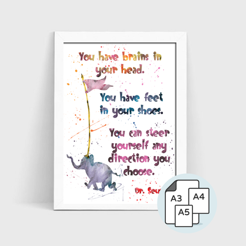 Framed motivational quote with an elephant illustration on a light gray background