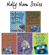 Load image into Gallery viewer, Collection of books from the Molly Moon series with colorful covers featuring a blue owl character.
