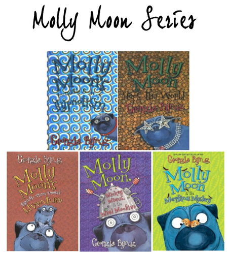 Collection of books from the Molly Moon series with colorful covers featuring a blue owl character.