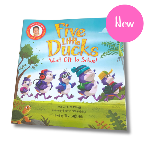 Children's book titled 'Five Little Ducks Went Off to School' with colorful illustrations on a white background.