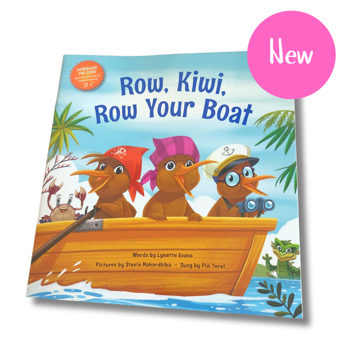 Children's book titled 'Row, Kiwi, Row Your Boat' with cartoon kiwis on a boat cover.