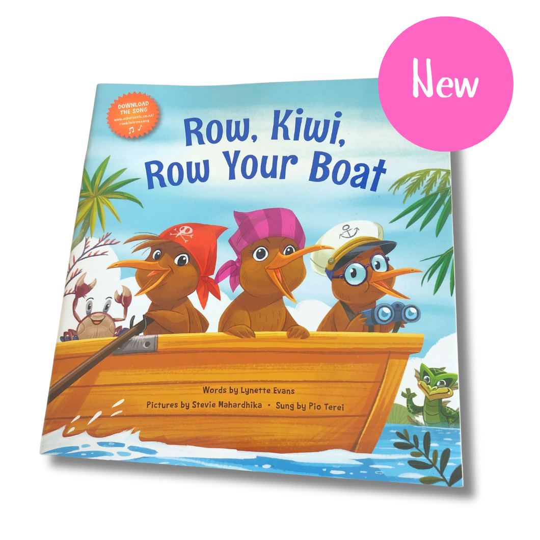 Children's book titled 'Row, Kiwi, Row Your Boat' with cartoon kiwis on a boat cover.