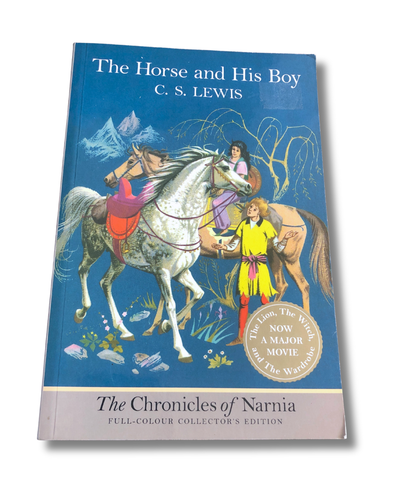 Book cover of 'The Horse and His Boy' by C. S. Lewis with illustrations of a horse and characters on a blue background.
