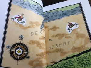 Illustrated map of a desert with various symbols and text on a white background