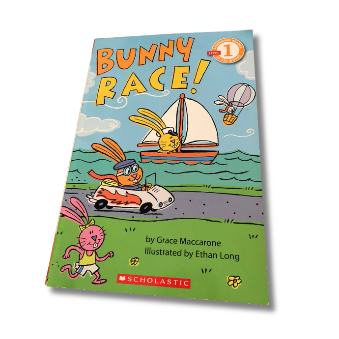 Children's book titled 'Bunny Race!' with cartoon characters on the cover.
