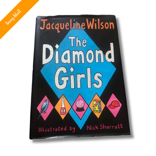 Book cover of 'The Diamond Girls' by Jacqueline Wilson with colorful diamond shapes and illustrations.