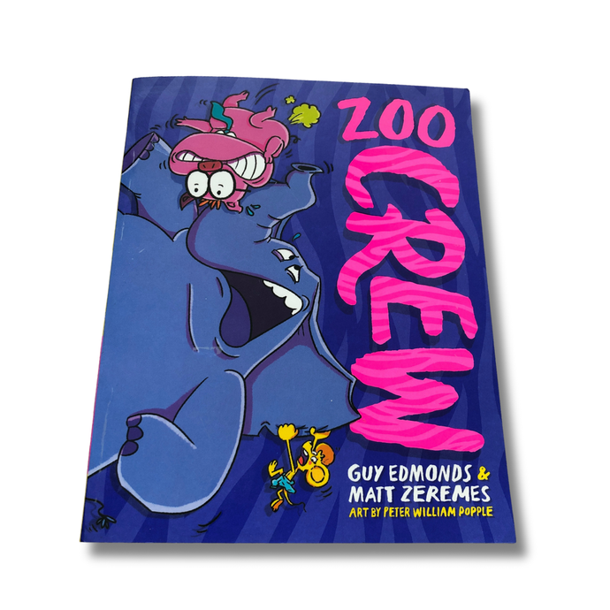 Book cover of 'Zoo Crew' with cartoon characters on a blue background