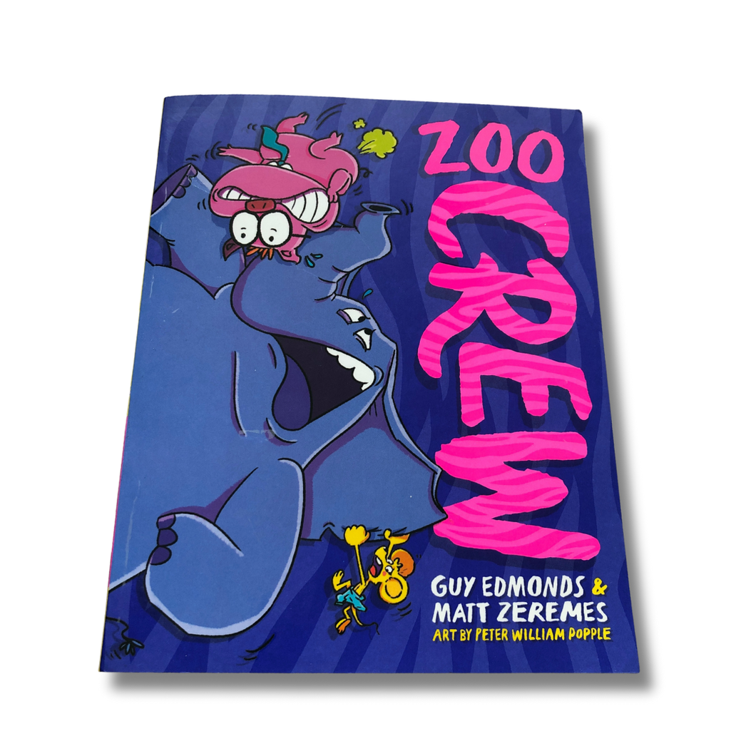 Book cover of 'Zoo Crew' with cartoon characters on a blue background