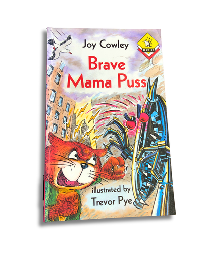 Book cover of 'Brave Mama Puss' by Joy Cowley with colorful illustrations on a white background.